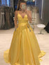 Yellow Spaghetti Straps A Line Satin V Neck Prom Dresses with Beads Pockets LBQ3563